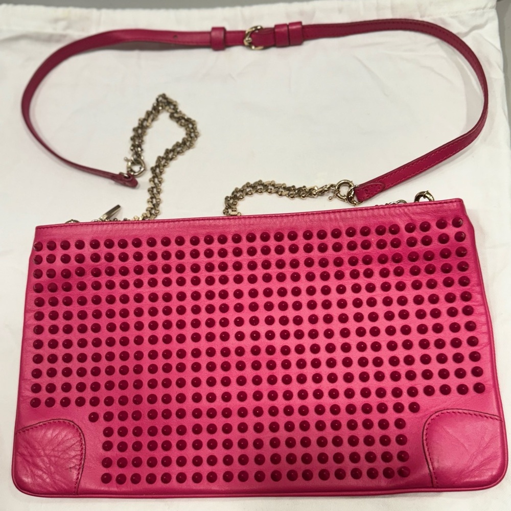 CHRISTIAN LOUBOUTIN leather Hot Pink studded authentic clutch